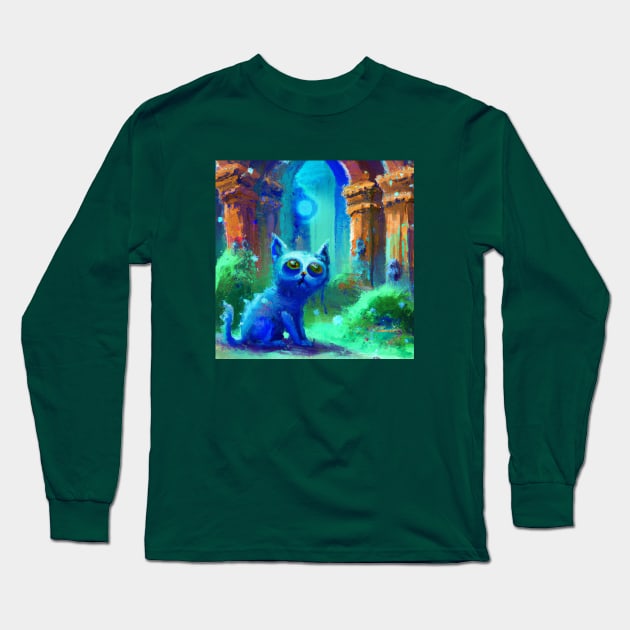 Cute Blue Cat Got Lost in the Ancient Ruins Long Sleeve T-Shirt by Star Scrunch